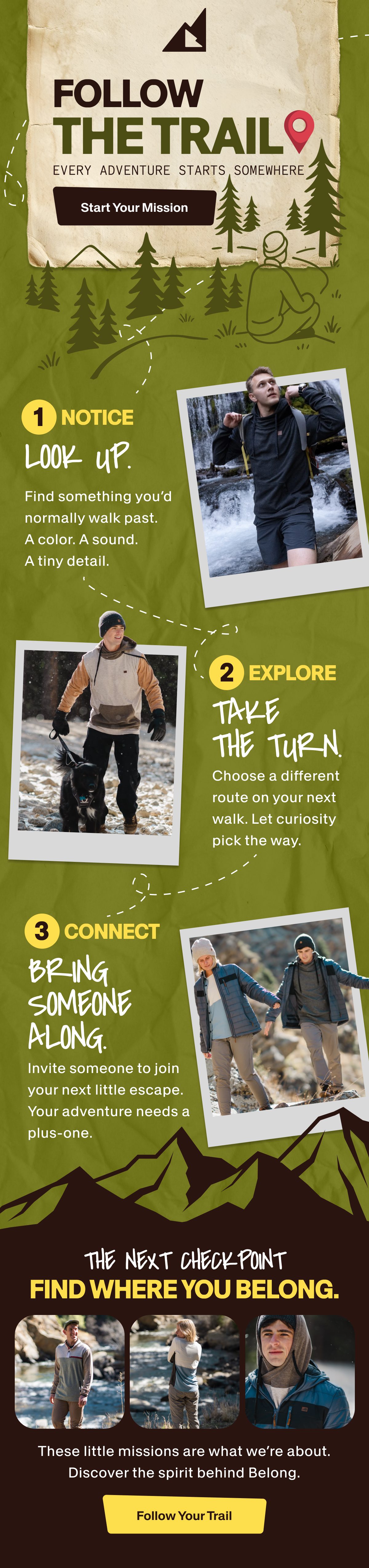 Green illustrated trail email with a paper-map headline, three numbered outdoor activities, lifestyle photos, and a yellow closing CTA.