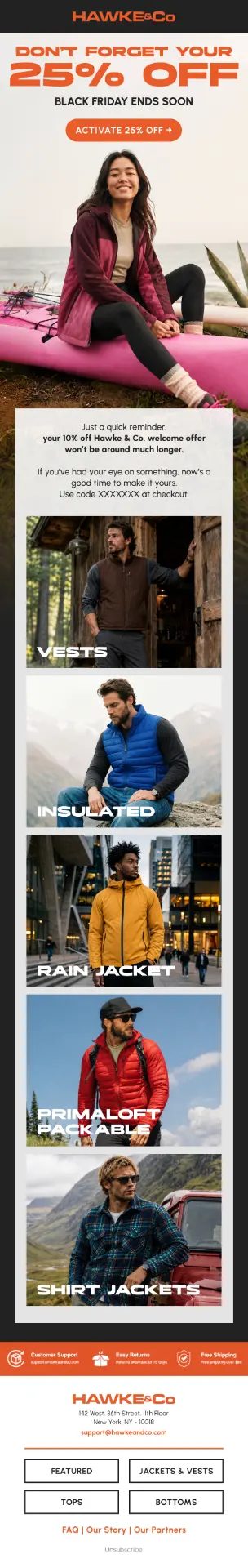 Hawke and Co email with orange 25 percent Black Friday headline, apparel category photos, a conflicting 10 percent welcome reminder, and support footer.