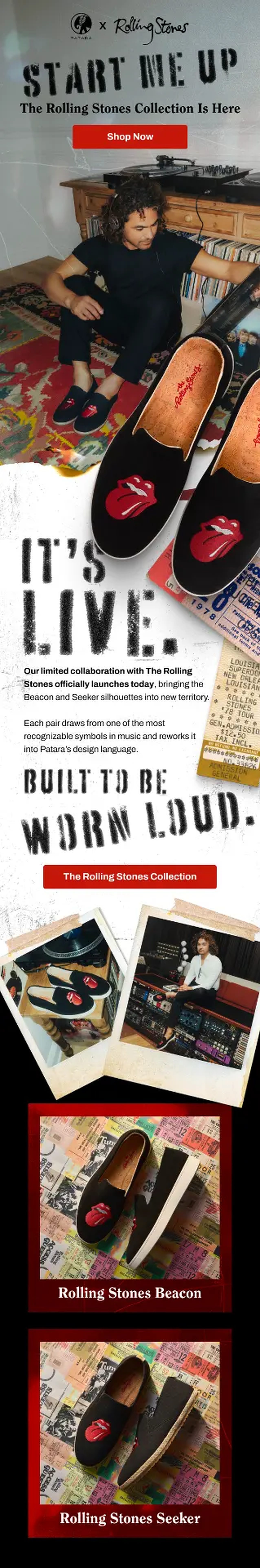 Patara Rolling Stones collection launch email with Start Me Up headline, red CTAs, music imagery, tongue-logo shoes, and Beacon and Seeker product photos.