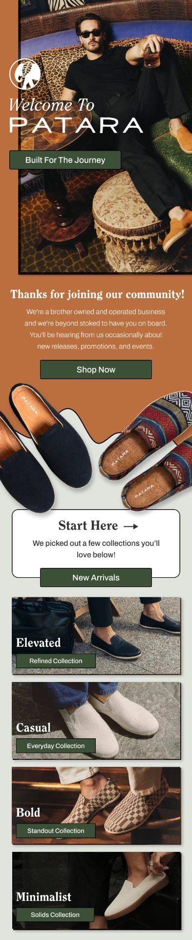Patara welcome email with warm brown background, lifestyle hero, community introduction, slip-on shoes, and Elevated, Casual, Bold, and Minimalist collection panels.